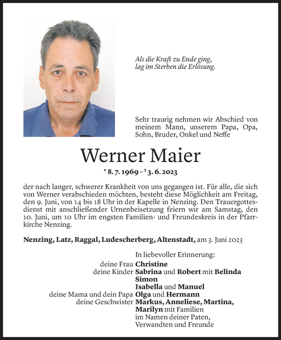Todesanzeige von Werner Maier von Vorarlberger Nachrichten