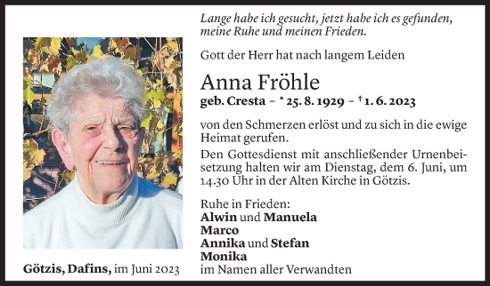 Todesanzeige von Anna Fröhle von Vorarlberger Nachrichten