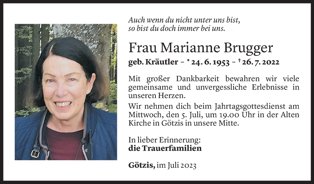  Todesanzeige für Marianne Brugger vom 03.07.2023 aus Vorarlberger Nachrichten
