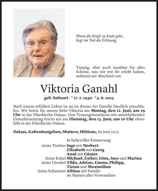 Todesanzeige von Viktoria Ganahl von Vorarlberger Nachrichten