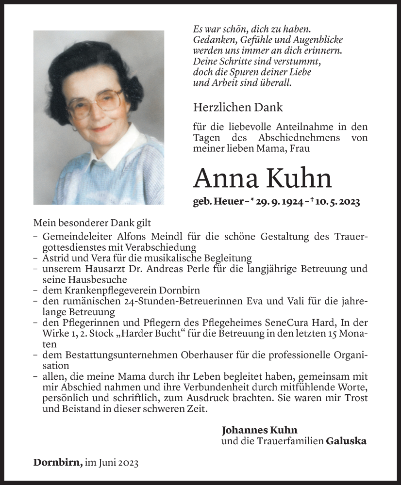  Todesanzeige für Anna Kuhn vom 16.07.2023 aus Vorarlberger Nachrichten