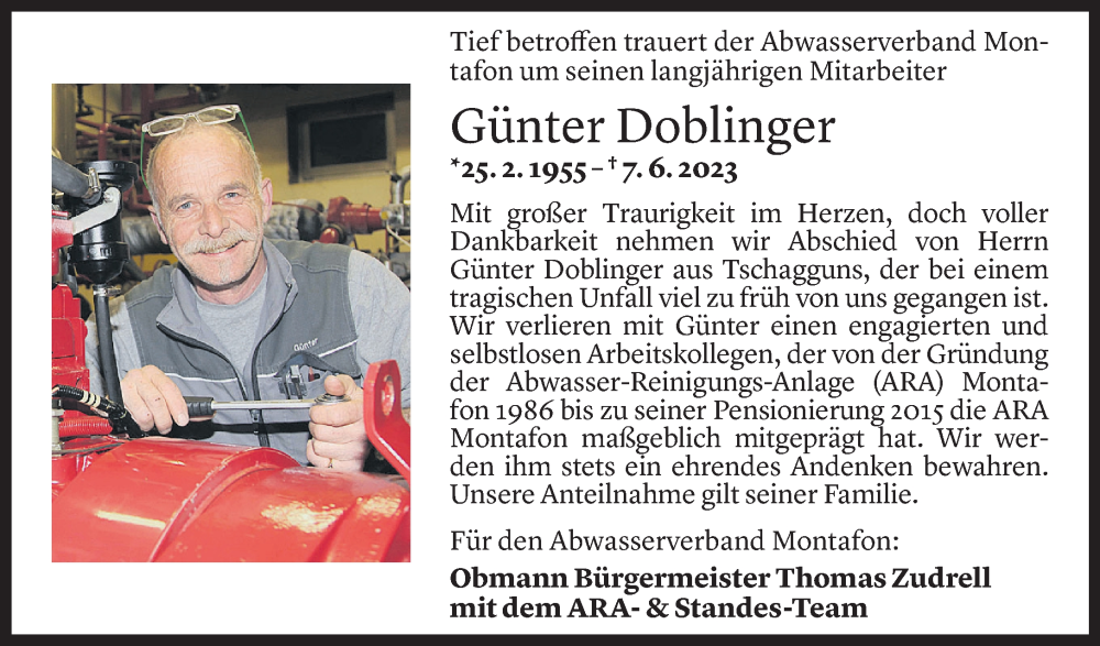  Todesanzeige für Günter Doblinger vom 13.06.2023 aus Vorarlberger Nachrichten