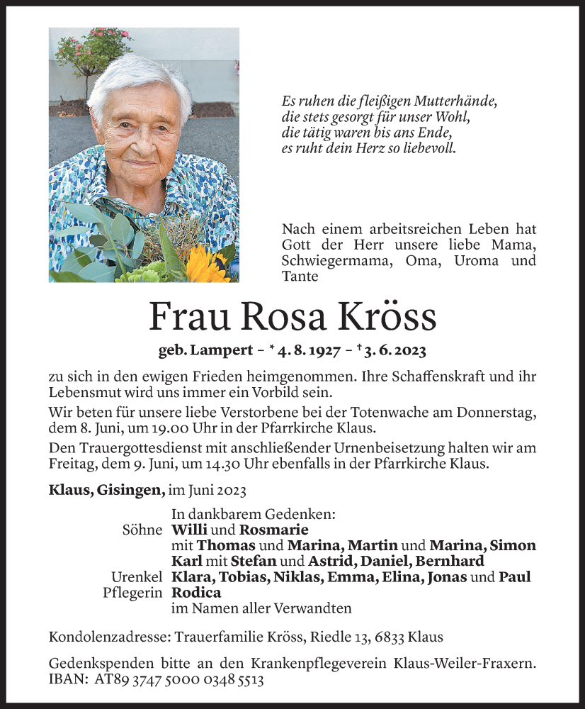 Todesanzeige für Rosa Kröss vom 06.06.2023 aus Vorarlberger Nachrichten