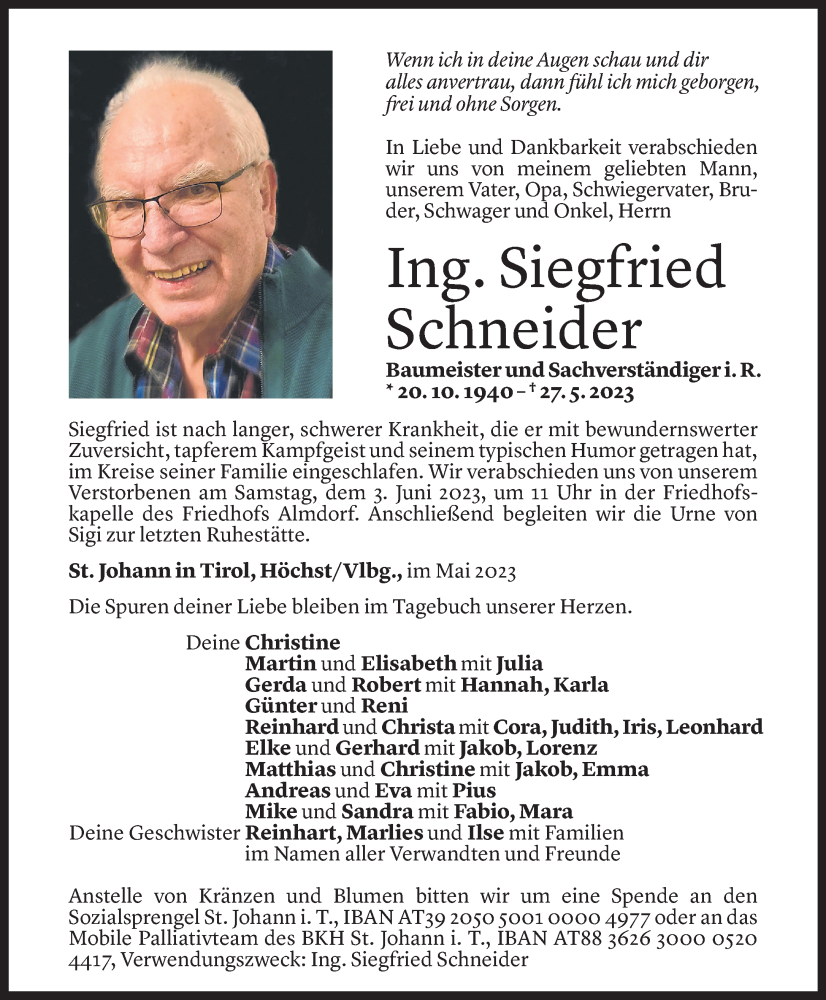  Todesanzeige für Siegfried Schneider vom 01.06.2023 aus Vorarlberger Nachrichten