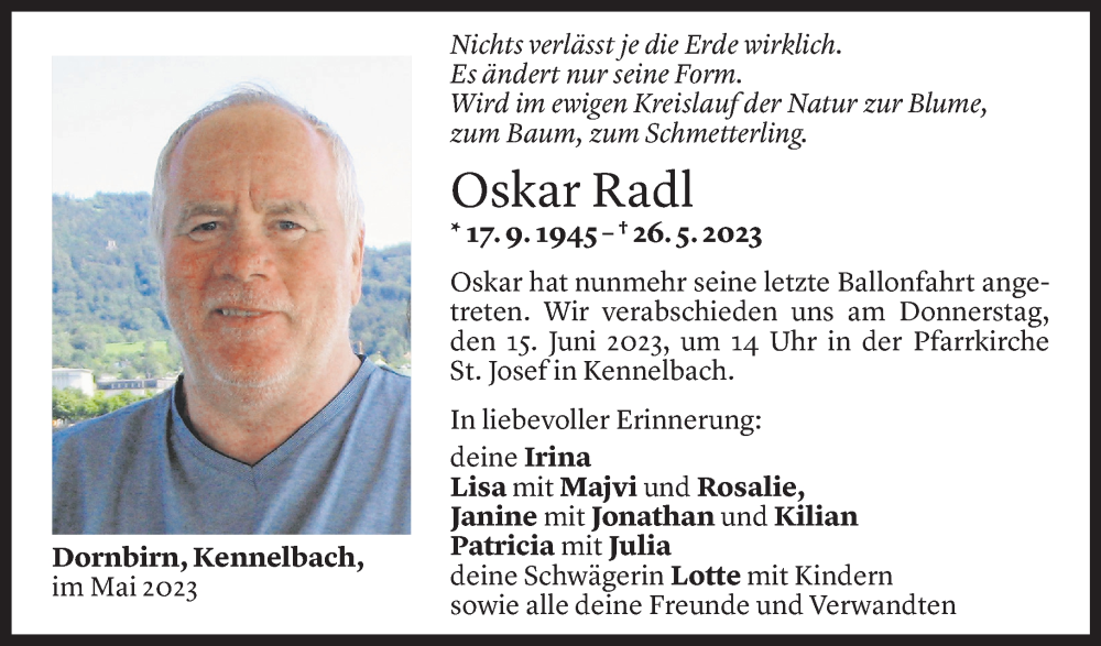  Todesanzeige für Oskar Radl vom 08.06.2023 aus Vorarlberger Nachrichten