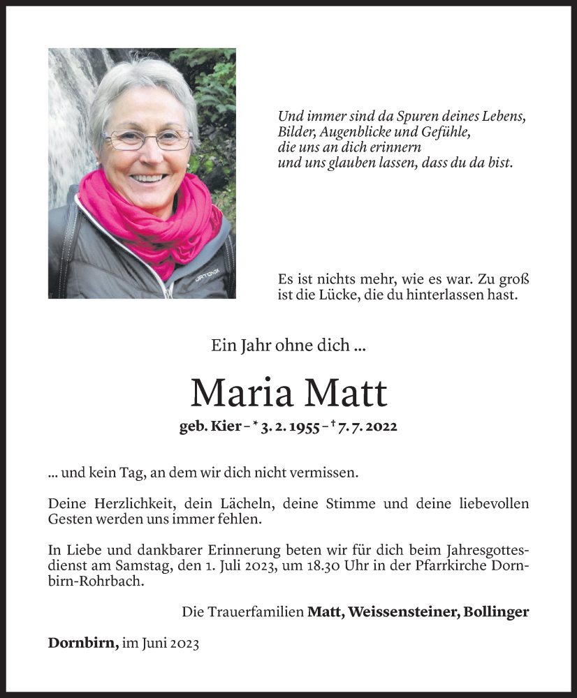  Todesanzeige für Maria Matt vom 29.06.2023 aus Vorarlberger Nachrichten