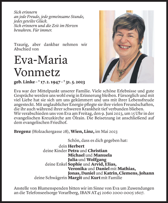 Todesanzeige von Eva-Maria Vonmetz von Vorarlberger Nachrichten