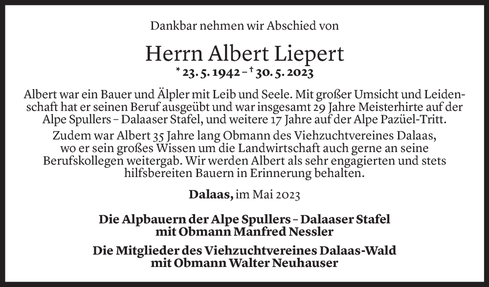  Todesanzeige für Albert Liepert vom 03.06.2023 aus Vorarlberger Nachrichten
