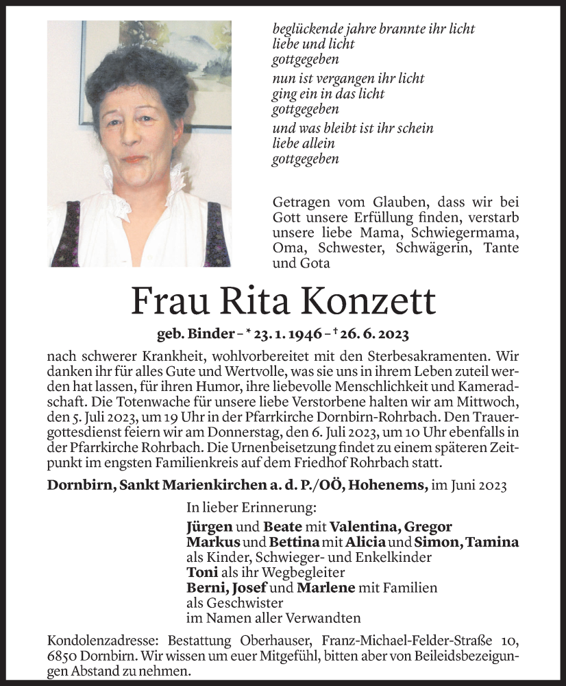  Todesanzeige für Rita Konzett vom 30.06.2023 aus Vorarlberger Nachrichten