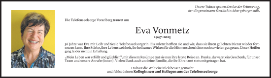 Todesanzeige von Eva-Maria Vonmetz von Vorarlberger Nachrichten