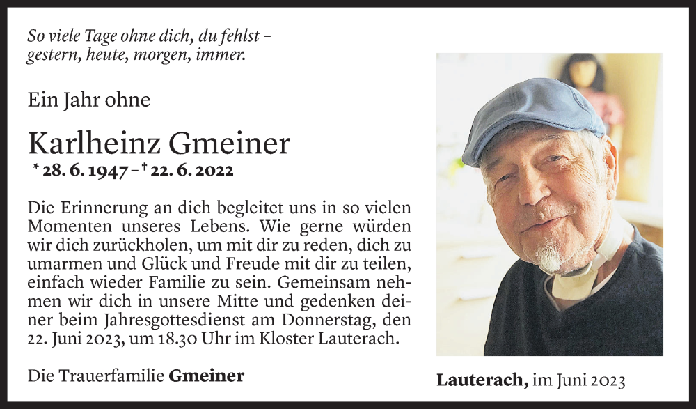  Todesanzeige für Karlheinz Gmeiner vom 21.06.2023 aus Vorarlberger Nachrichten