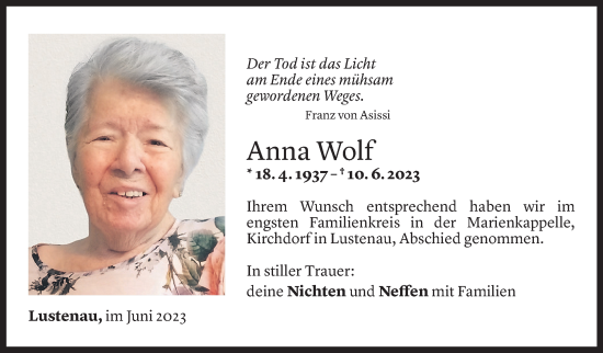Todesanzeige von Anna Wolf von Vorarlberger Nachrichten