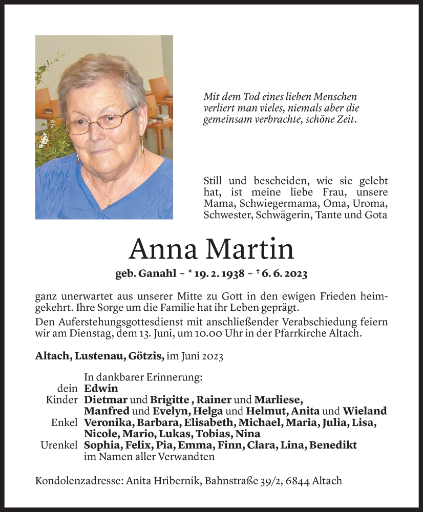  Todesanzeige für Anna Martin vom 10.06.2023 aus Vorarlberger Nachrichten