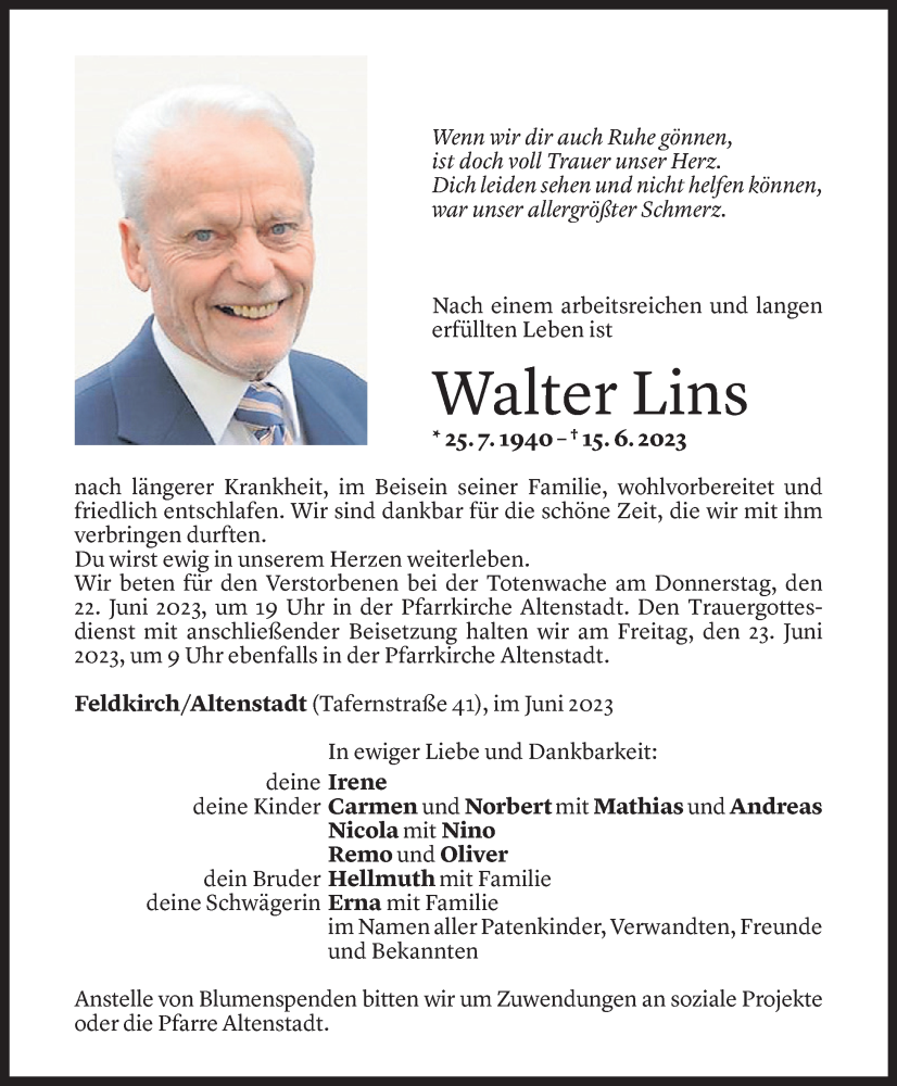  Todesanzeige für Walter Lins vom 20.06.2023 aus Vorarlberger Nachrichten