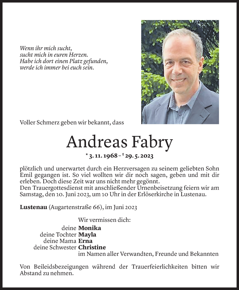  Todesanzeige für Andreas Fabry vom 07.06.2023 aus Vorarlberger Nachrichten