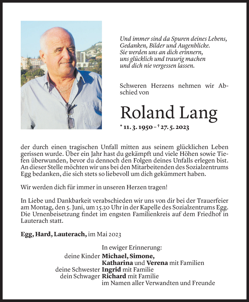  Todesanzeige für Roland Lang vom 01.06.2023 aus Vorarlberger Nachrichten