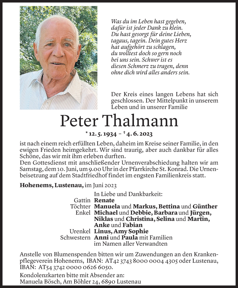  Todesanzeige für Peter Thalmann vom 07.06.2023 aus Vorarlberger Nachrichten