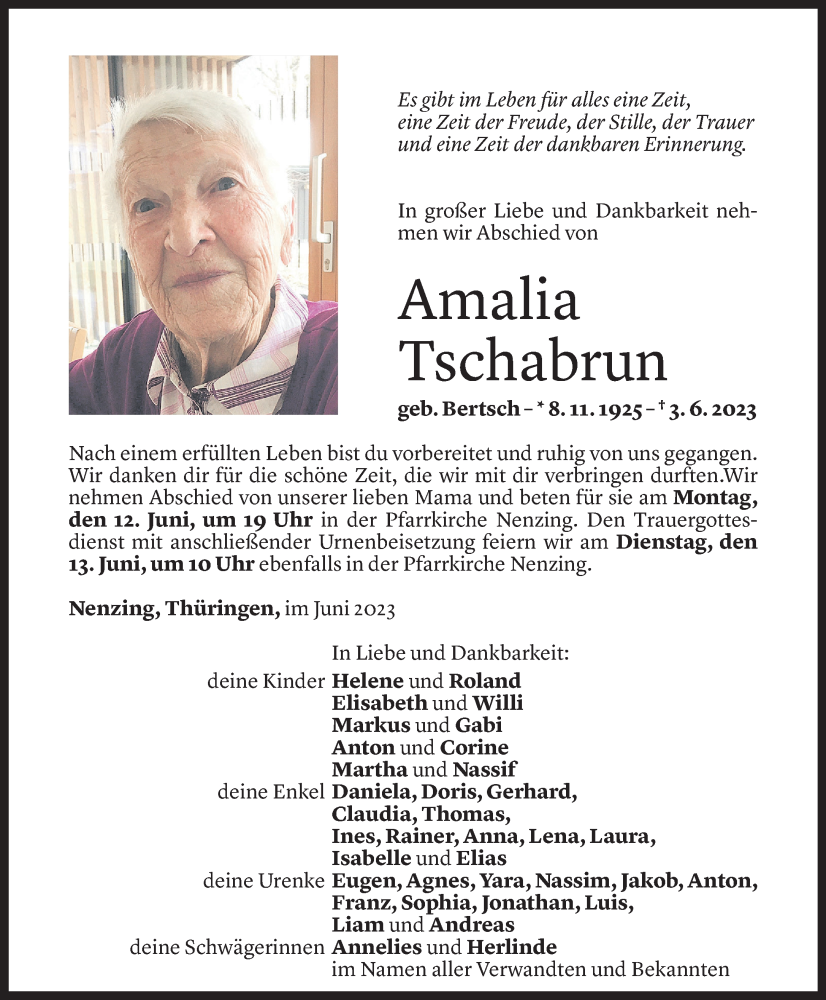  Todesanzeige für Amalia Tschabrun vom 10.06.2023 aus Vorarlberger Nachrichten
