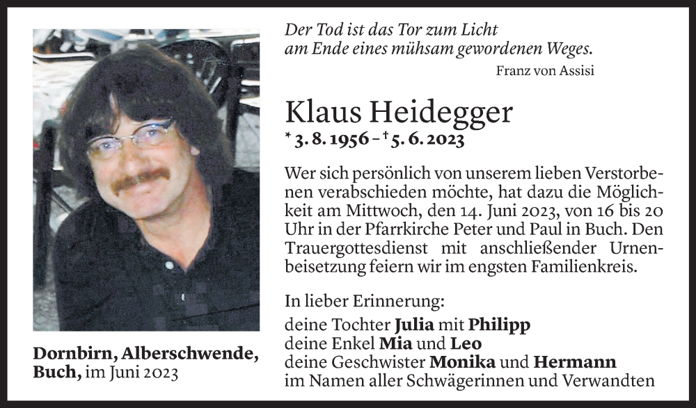  Todesanzeige für Klaus Heidegger vom 10.06.2023 aus Vorarlberger Nachrichten