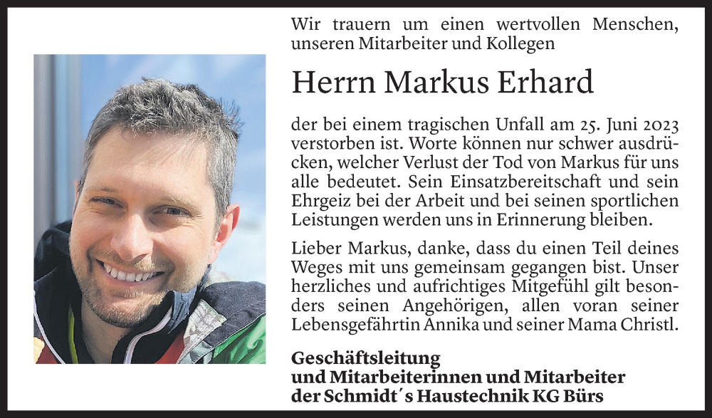 Todesanzeige für Markus Erhard vom 29.06.2023 aus Vorarlberger Nachrichten