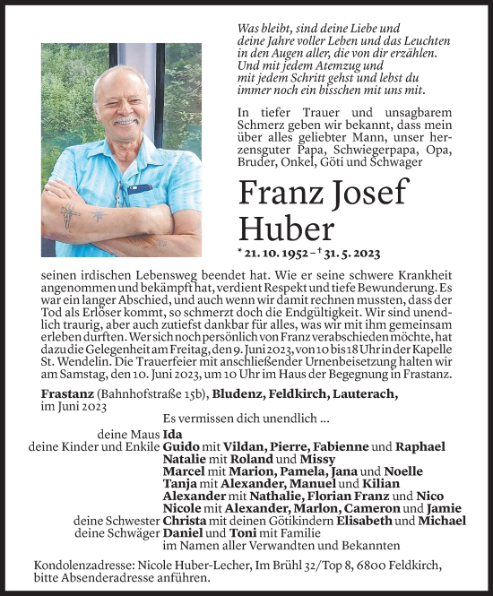 Todesanzeige von Franz Josef Huber von Vorarlberger Nachrichten