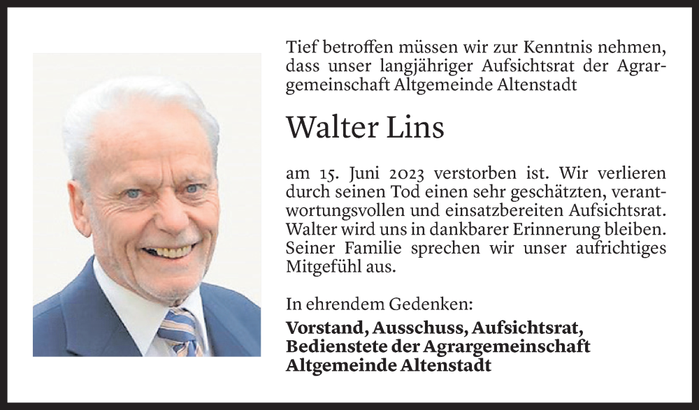  Todesanzeige für Walter Lins vom 21.06.2023 aus Vorarlberger Nachrichten