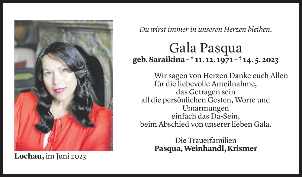  Todesanzeige für Gala Pasqua vom 22.06.2023 aus Vorarlberger Nachrichten