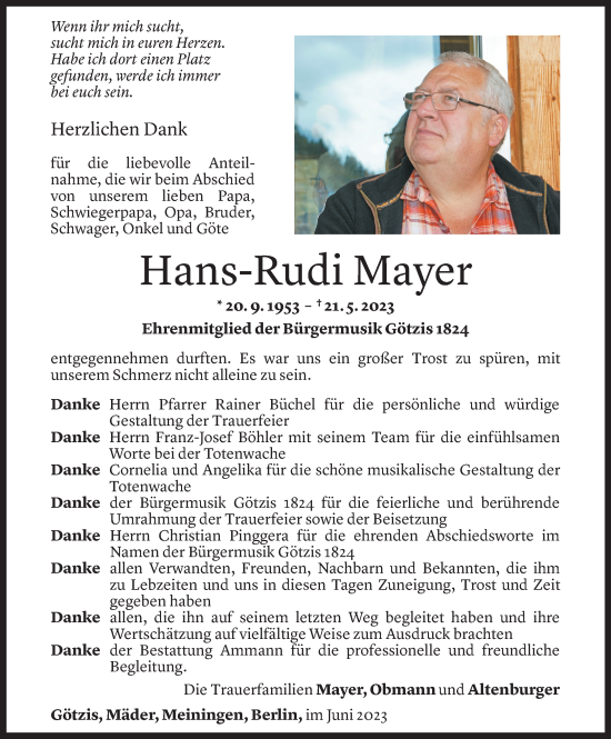 Todesanzeige von Hans-Rudi Mayer von Vorarlberger Nachrichten