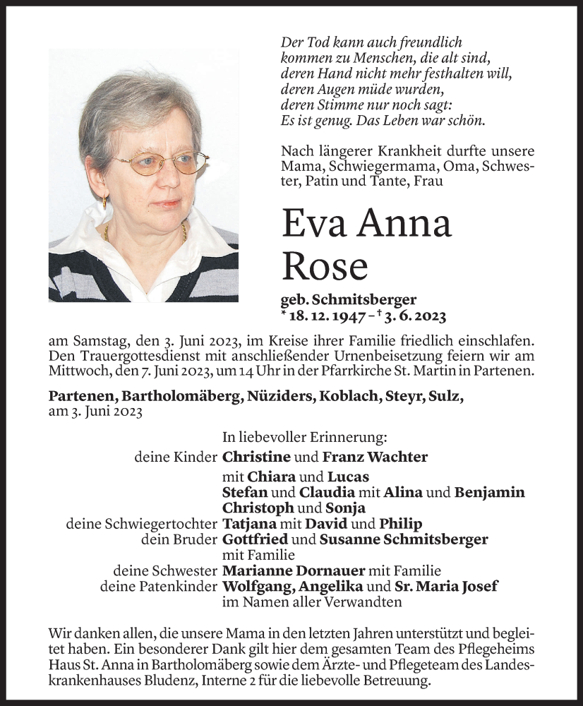  Todesanzeige für Eva Anna Rose vom 06.06.2023 aus Vorarlberger Nachrichten