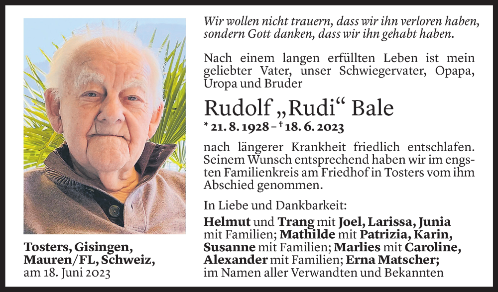  Todesanzeige für Rudolf Bale vom 24.06.2023 aus Vorarlberger Nachrichten