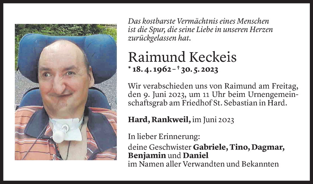 Todesanzeige für Raimund Keckeis vom 07.06.2023 aus Vorarlberger Nachrichten