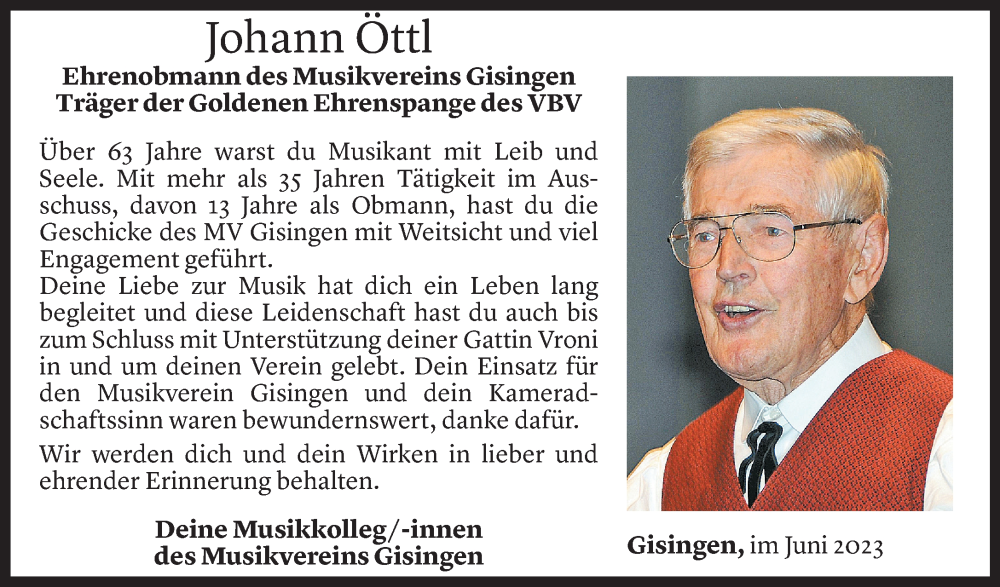  Todesanzeige für Johann Öttl vom 06.06.2023 aus Vorarlberger Nachrichten