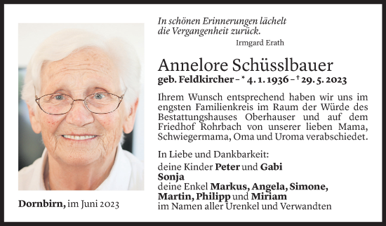 Todesanzeige von Annelore Schüsslbauer von Vorarlberger Nachrichten