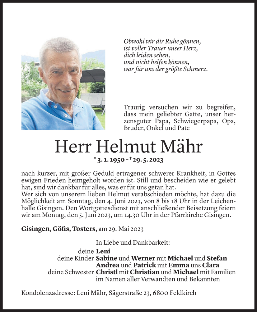  Todesanzeige für Helmut Mähr vom 01.06.2023 aus Vorarlberger Nachrichten