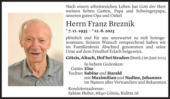 Todesanzeige von Franz Breznik von Vorarlberger Nachrichten