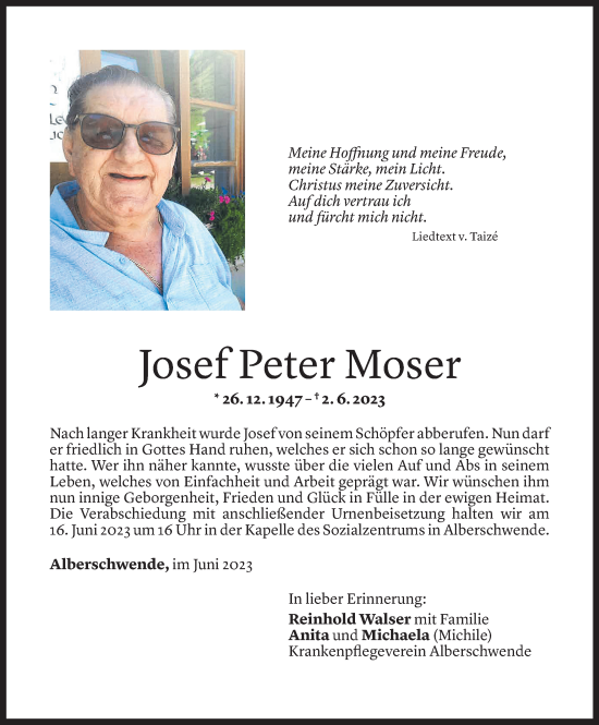 Todesanzeige von Josef Peter Moser von Vorarlberger Nachrichten