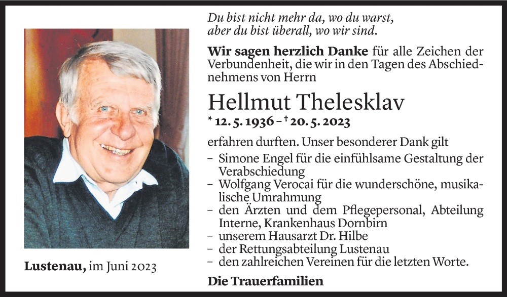  Todesanzeige für Hellmut Thelesklav vom 25.06.2023 aus Vorarlberger Nachrichten