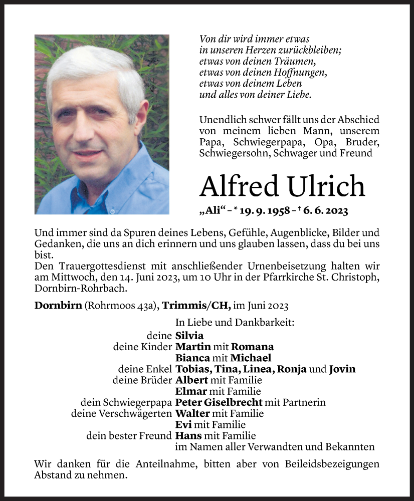  Todesanzeige für Alfred Ulrich vom 09.06.2023 aus Vorarlberger Nachrichten