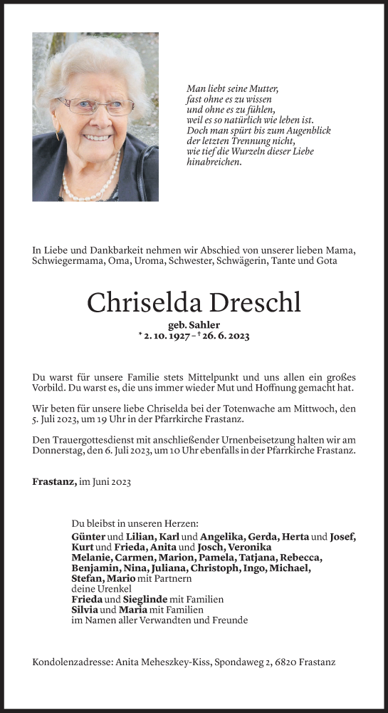  Todesanzeige für Chriselda Dreschl vom 30.06.2023 aus Vorarlberger Nachrichten