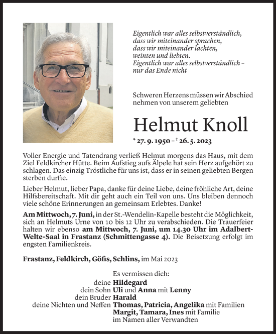 Todesanzeige von Helmut Knoll von Vorarlberger Nachrichten