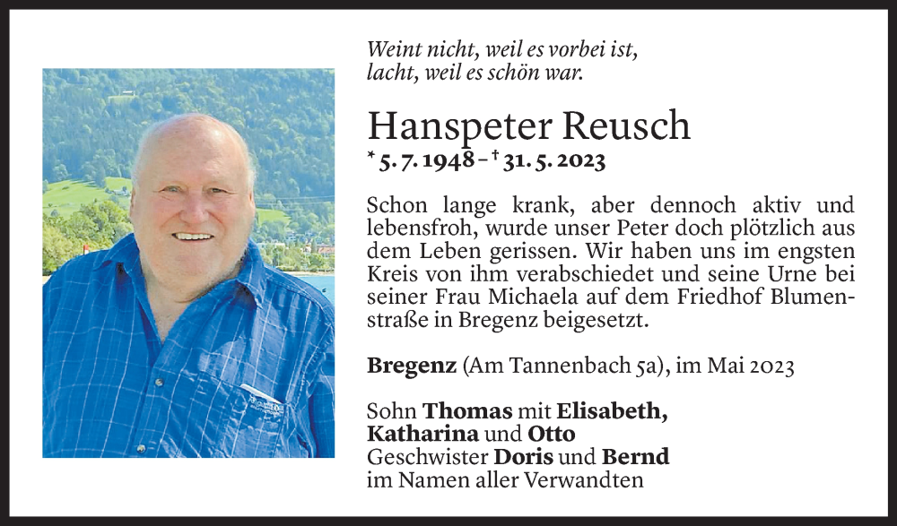  Todesanzeige für Hanspeter Reusch vom 10.06.2023 aus Vorarlberger Nachrichten