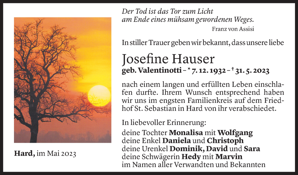  Todesanzeige für Josefine Hauser vom 08.06.2023 aus Vorarlberger Nachrichten