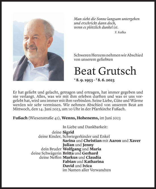 Todesanzeige von Beat Grutsch von Vorarlberger Nachrichten