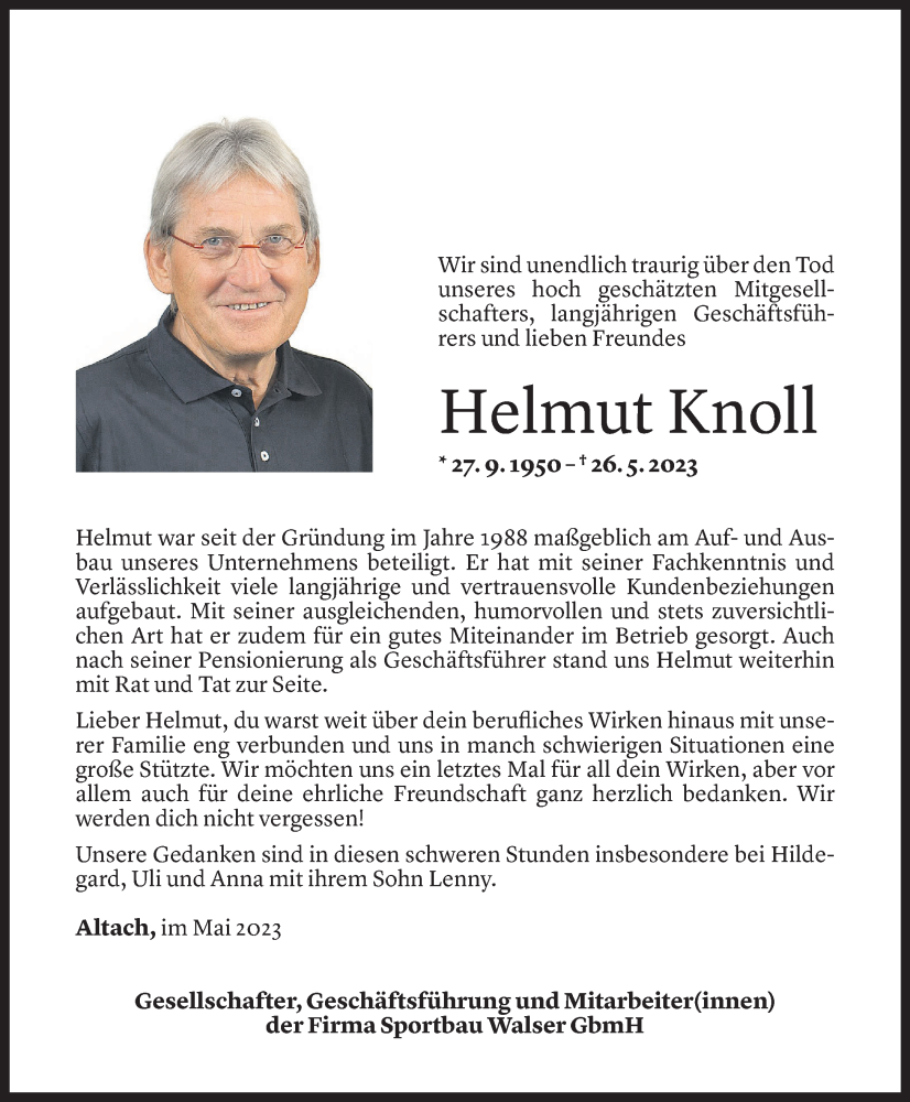  Todesanzeige für Helmut Knoll vom 02.06.2023 aus Vorarlberger Nachrichten