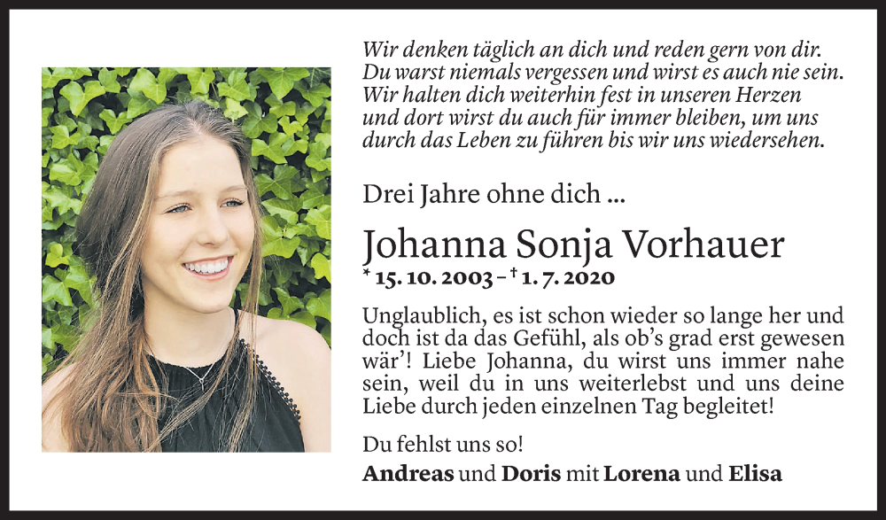  Todesanzeige für Johanna Sonja Vorhauer vom 30.06.2023 aus Vorarlberger Nachrichten