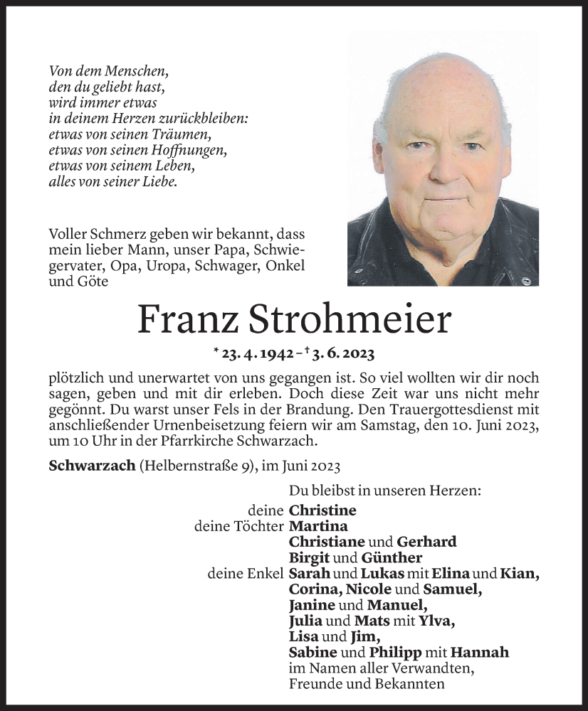  Todesanzeige für Franz Strohmeier vom 07.06.2023 aus Vorarlberger Nachrichten