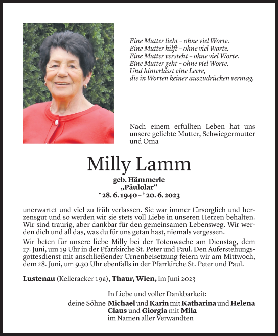 Todesanzeige von Milly Lamm von Vorarlberger Nachrichten