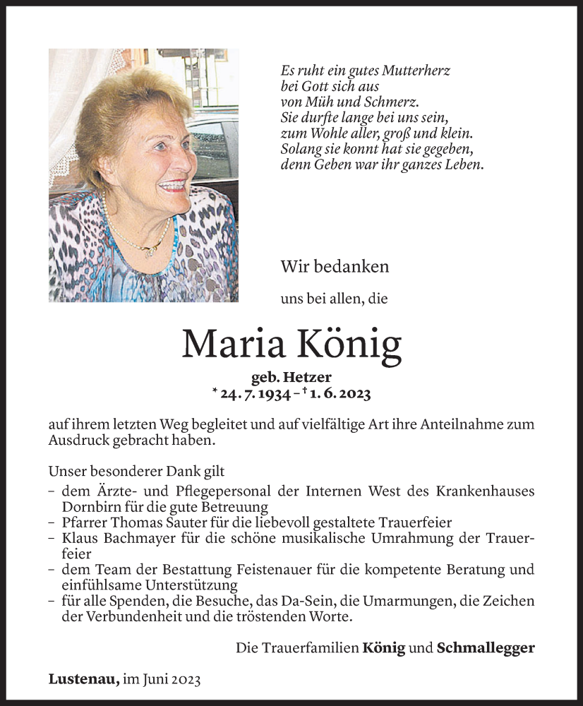 Todesanzeige für Maria König vom 23.06.2023 aus Vorarlberger Nachrichten