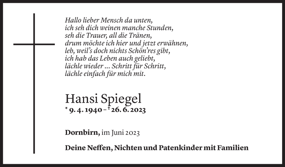  Todesanzeige für Hansi Spiegel vom 30.06.2023 aus Vorarlberger Nachrichten