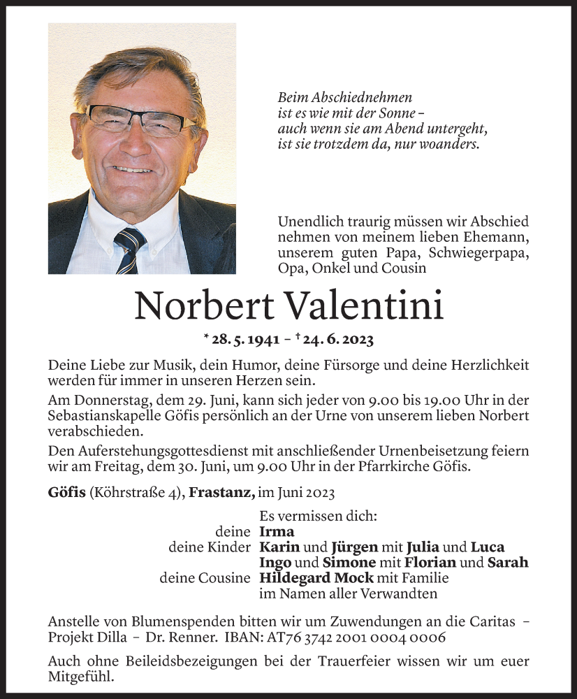  Todesanzeige für Norbert Valentini vom 28.06.2023 aus Vorarlberger Nachrichten